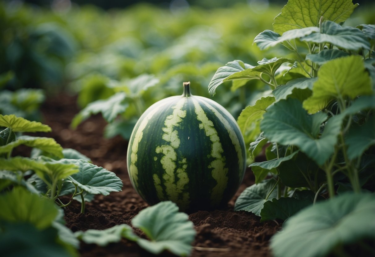 A lush watermelon garden with vines sprawling across rich soil, ripe fruit peeking out from under large green leaves