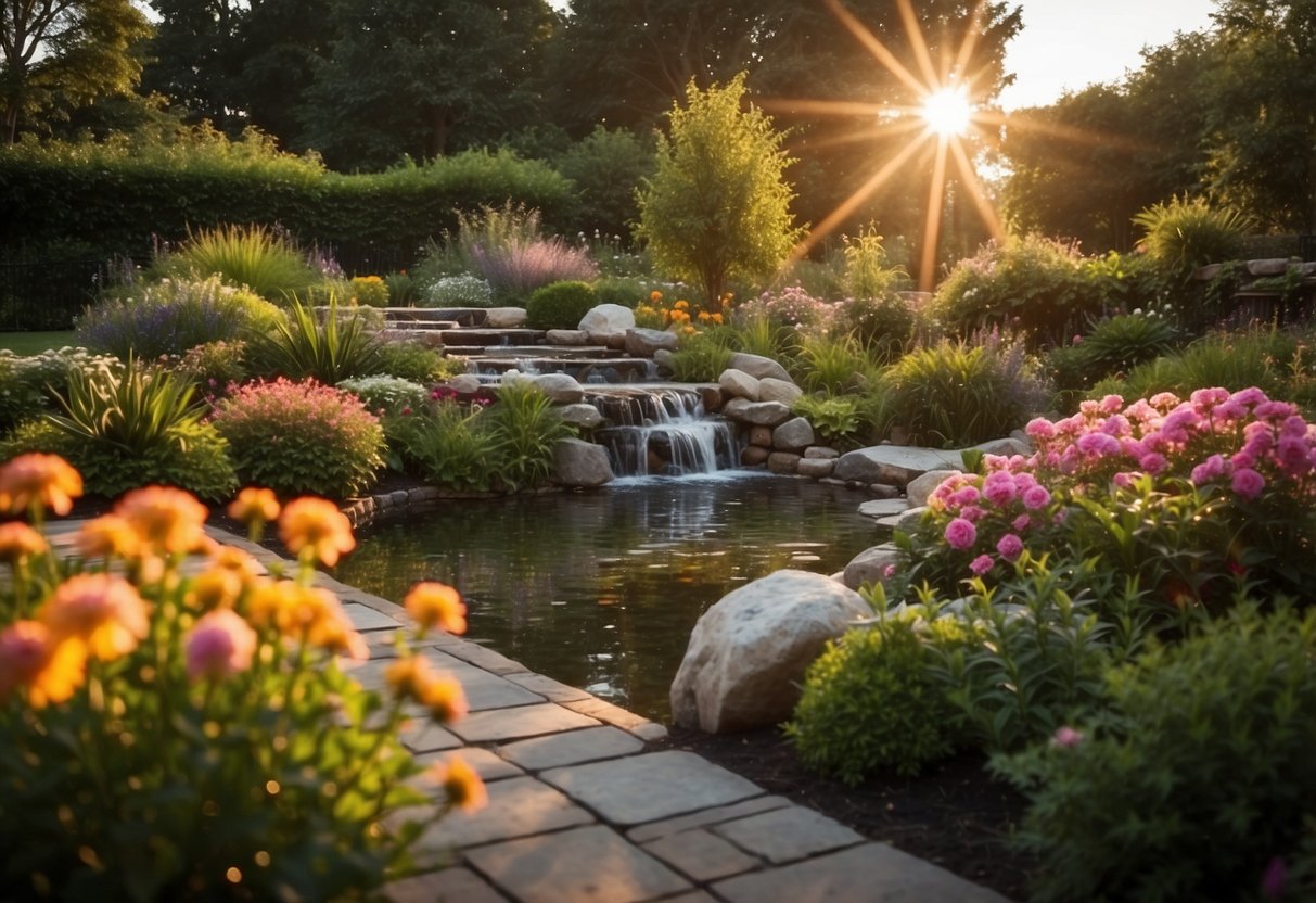 A serene west-facing garden with a tranquil water feature surrounded by lush greenery and colorful flowers. The sun sets in the background, casting a warm glow over the peaceful scene