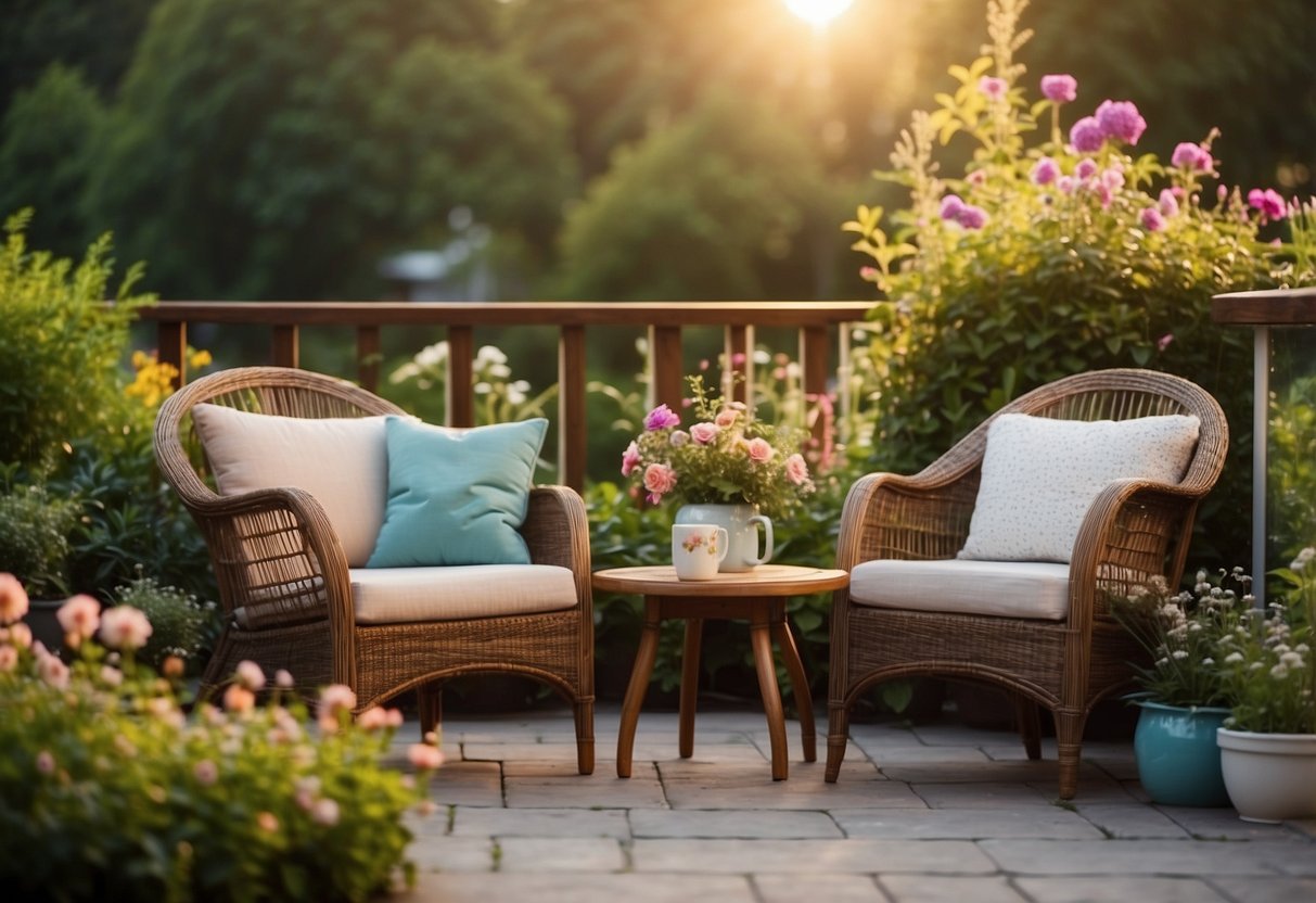 A cozy outdoor seating area with comfortable chairs and a small table, surrounded by lush greenery and colorful flowers, facing the setting sun in a tranquil west-facing garden