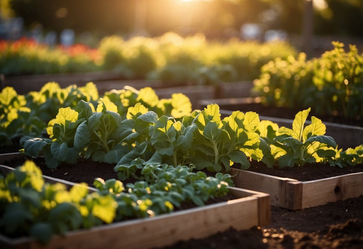 A colorful vegetable garden with raised beds, trellises, and a variety of crops, bathed in the warm glow of the setting sun