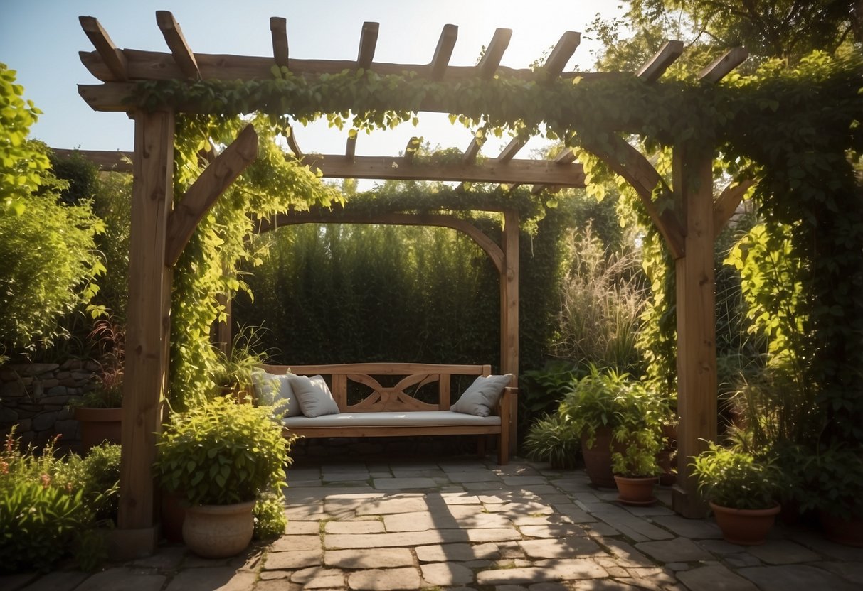 A pergola stands in a west-facing garden, adorned with lush vines weaving through its wooden structure, creating a serene and inviting outdoor space