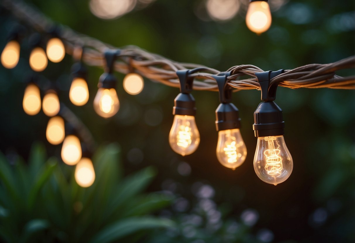 Warm glow of string lights draped across a lush garden, facing the setting sun in the west