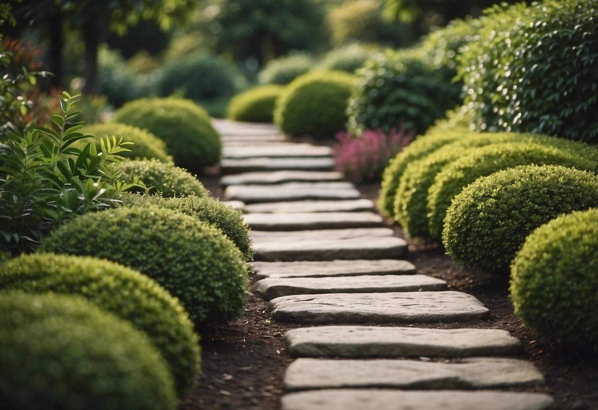 A stone pathway winds through a lush garden, leading westward towards a serene and peaceful outdoor space