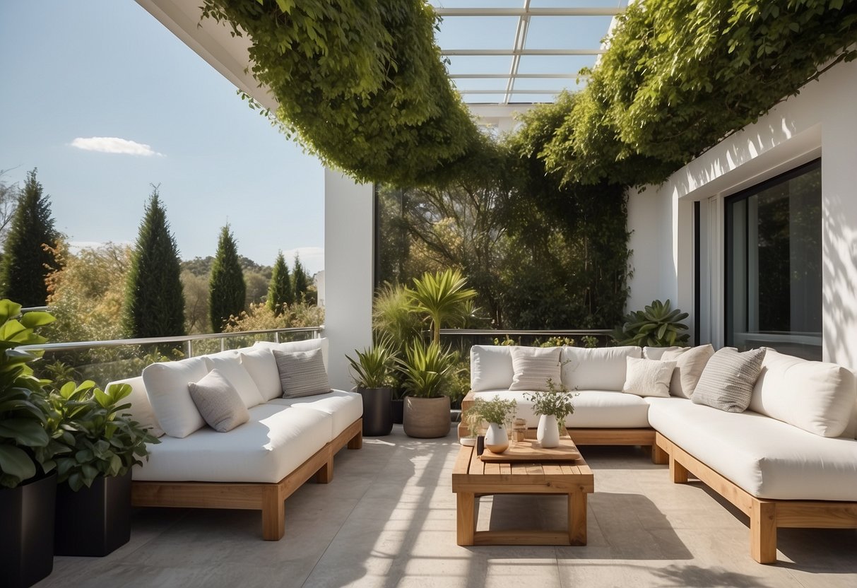 A white wall frames a cozy outdoor lounge area, with lush greenery and garden decor creating a tranquil and inviting atmosphere