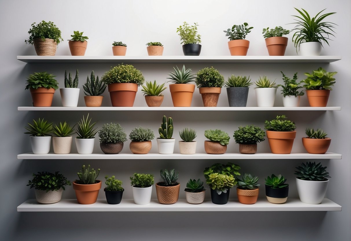 Floating shelves hold various potted plants against a white wall, creating a modern garden display