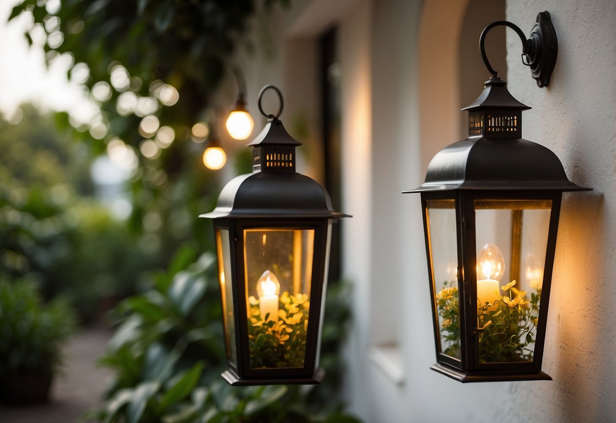 Vintage lanterns hang on a white garden wall, casting a warm glow amid lush greenery