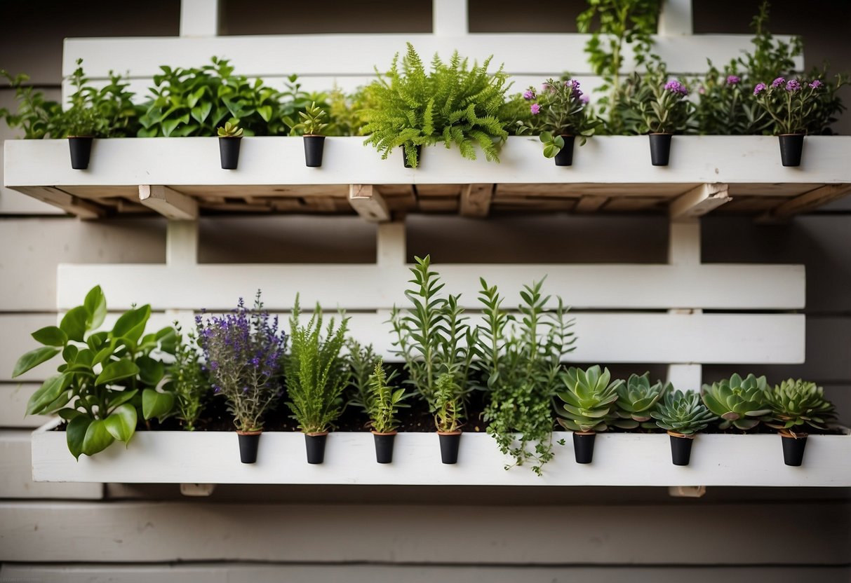 A white wall adorned with DIY pallet planters filled with vibrant greenery, creating a beautiful and sustainable garden display