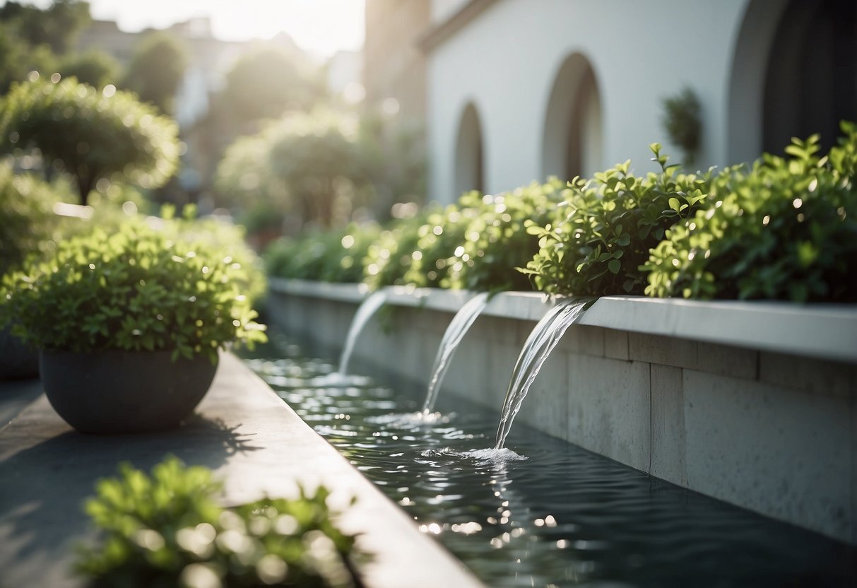 A white wall garden with water feature fountains