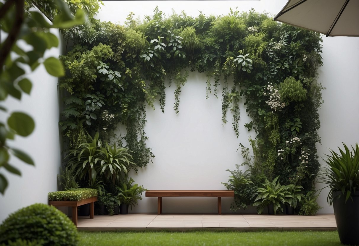 A metal wall art piece adorns a white wall, surrounded by lush greenery, creating a serene garden atmosphere