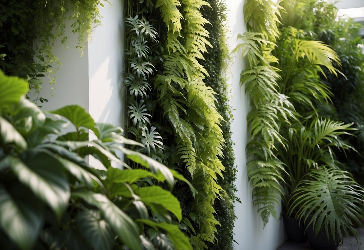 Lush greenery cascades down a pristine white wall, creating a vibrant and natural work of art. A variety of plants, from trailing vines to leafy ferns, add texture and depth to the vertical garden