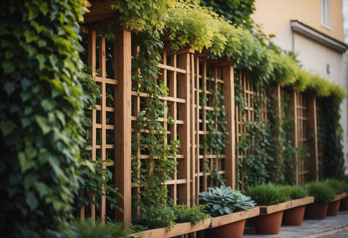 A wooden trellis stands against a wall, adorned with lush climbing plants, creating a beautiful garden feature