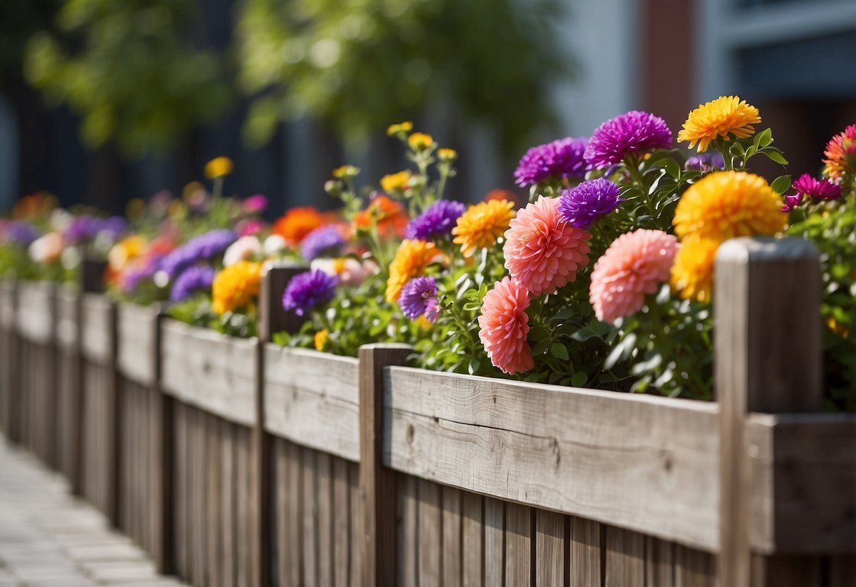 Wooden fence with planter boxes filled with vibrant flowers, creating a beautiful wall garden