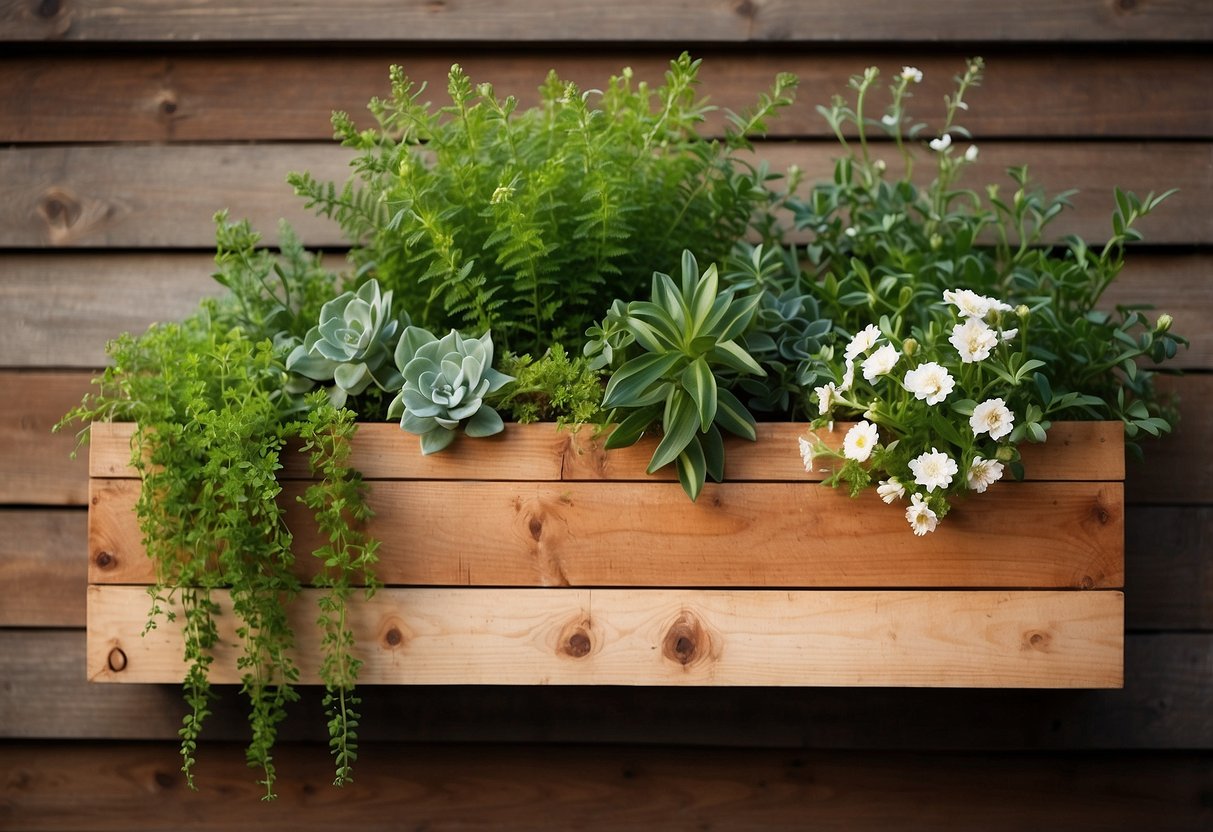 A cedar wood wall planter hangs on a rustic wooden wall, filled with vibrant green plants and flowers