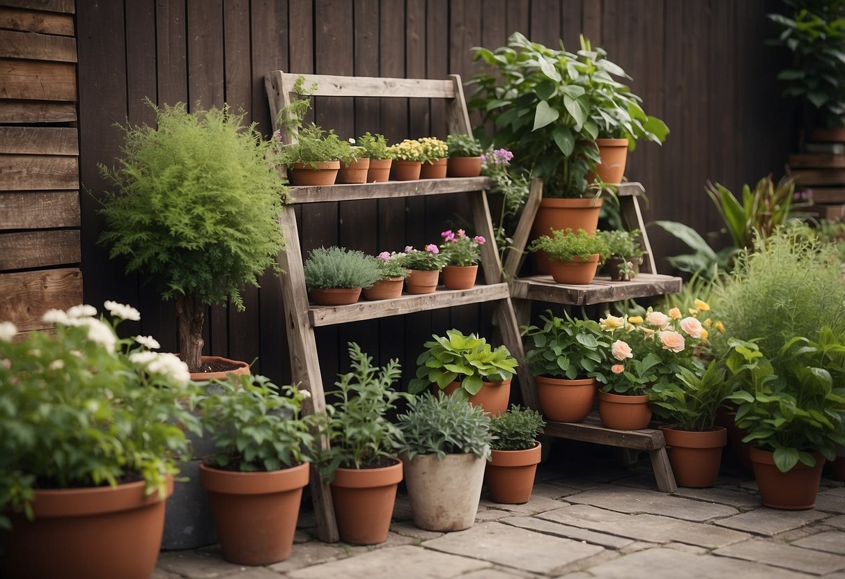 A wooden ladder plant stand against a garden wall, showcasing various potted plants and flowers