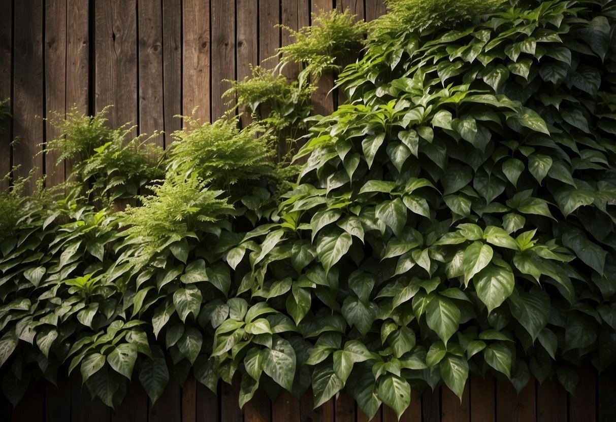 Lush green plants cascade down a wooden wall, creating a serene and natural ambiance. The sunlight filters through the leaves, casting a warm glow on the rustic wood