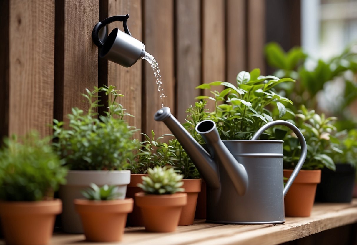 Wooden wall garden being watered with a small watering can, surrounded by potted plants and hanging greenery