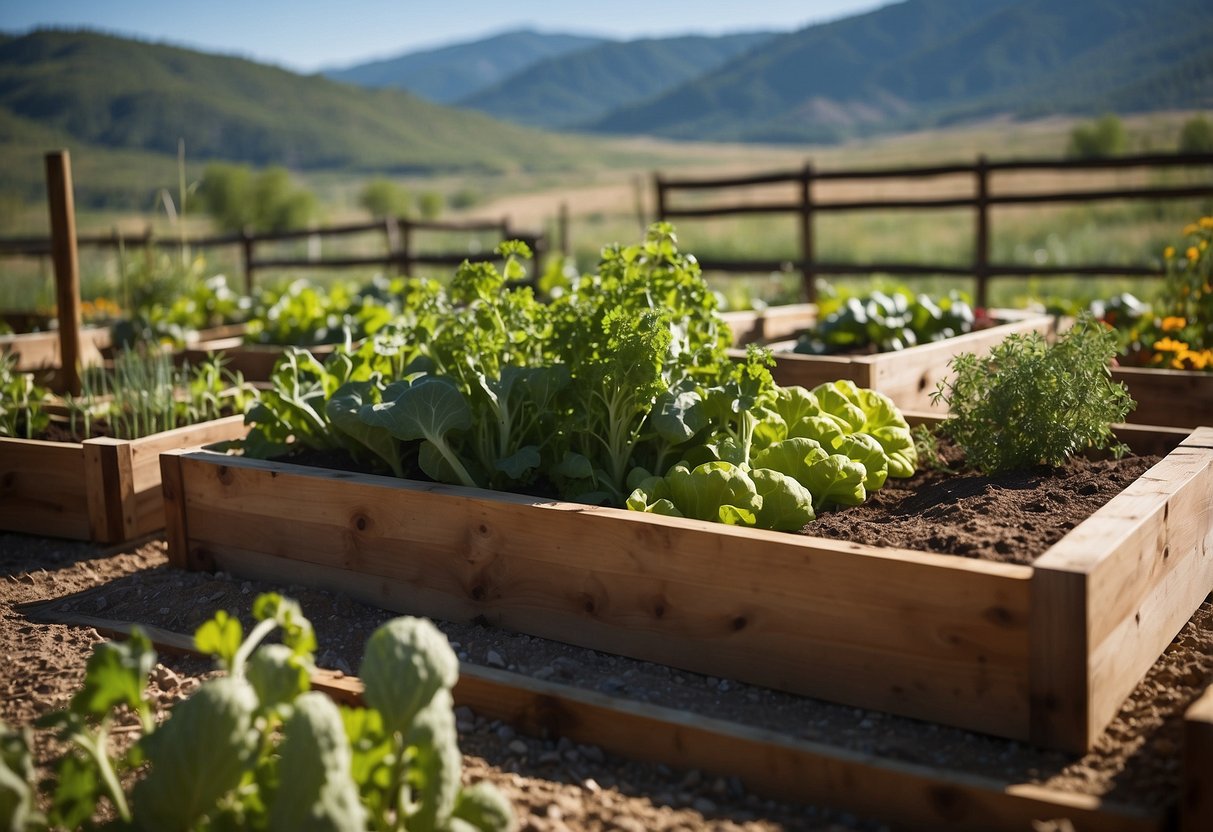 A raised bed vegetable garden in Wyoming, with colorful vegetables and herbs neatly arranged in wooden beds, surrounded by a backdrop of rolling hills and a clear blue sky