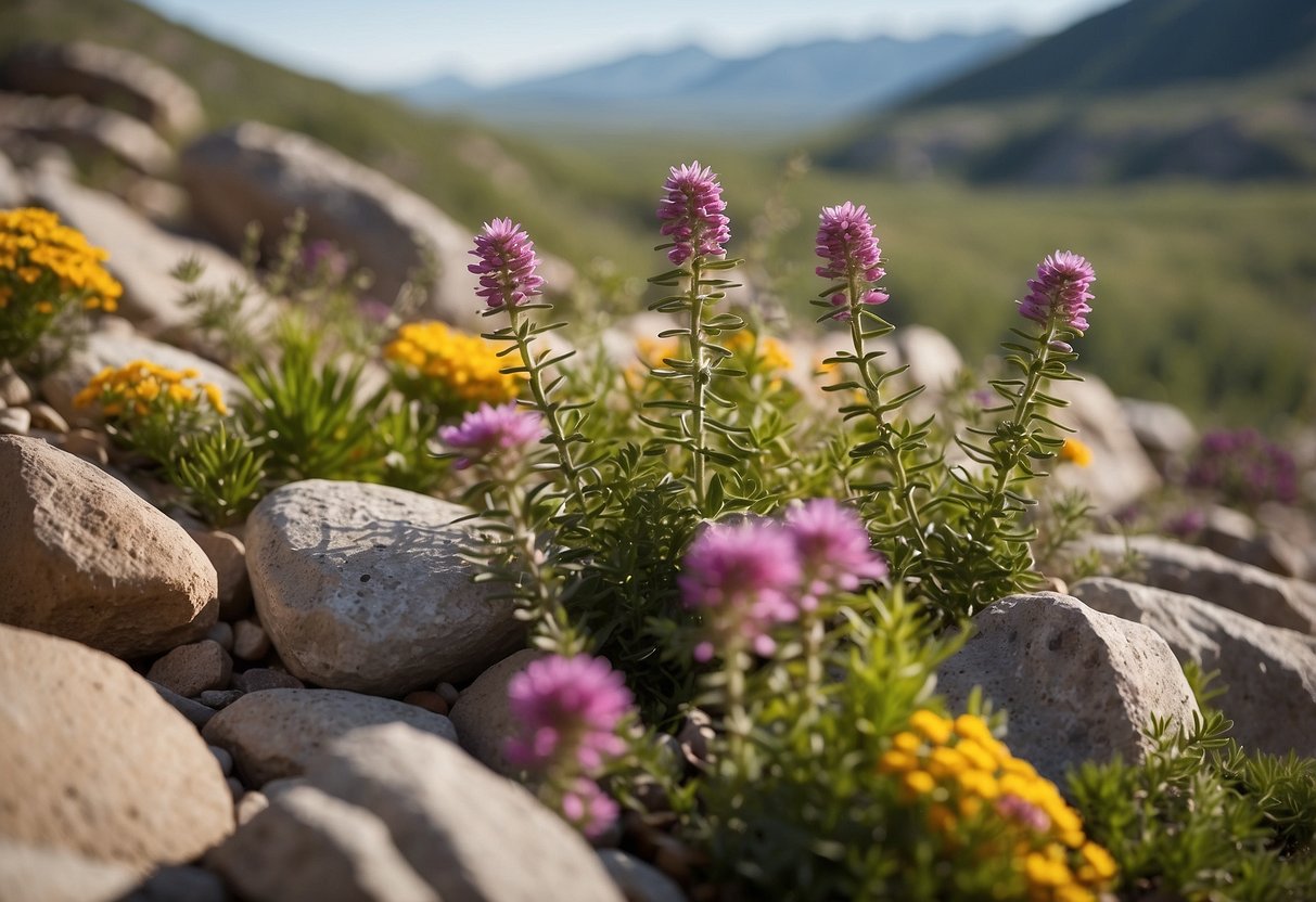 A rock garden in Wyoming with native plants, featuring colorful wildflowers, rugged rocks, and a backdrop of rolling hills and mountains