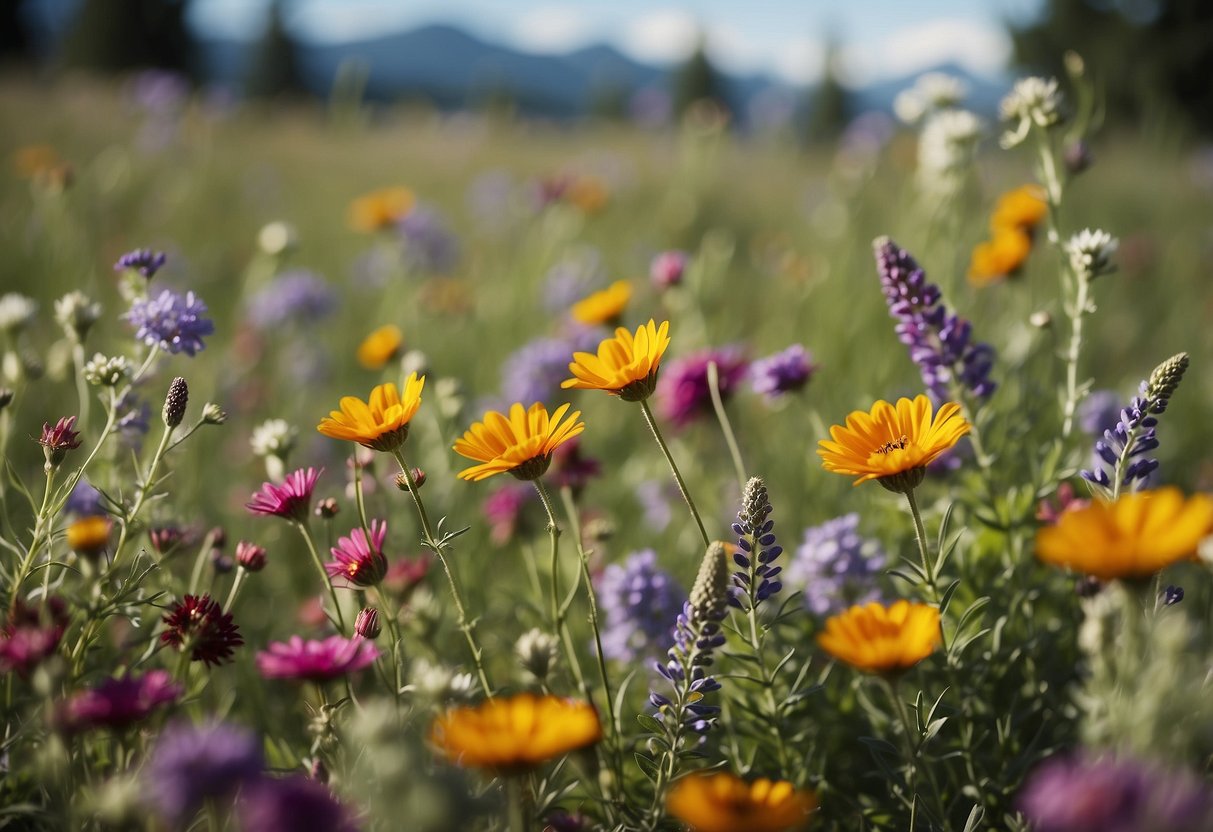 A vibrant wildflower meadow in Wyoming, with a variety of colorful flowers swaying in the gentle breeze, creating a picturesque and serene garden setting