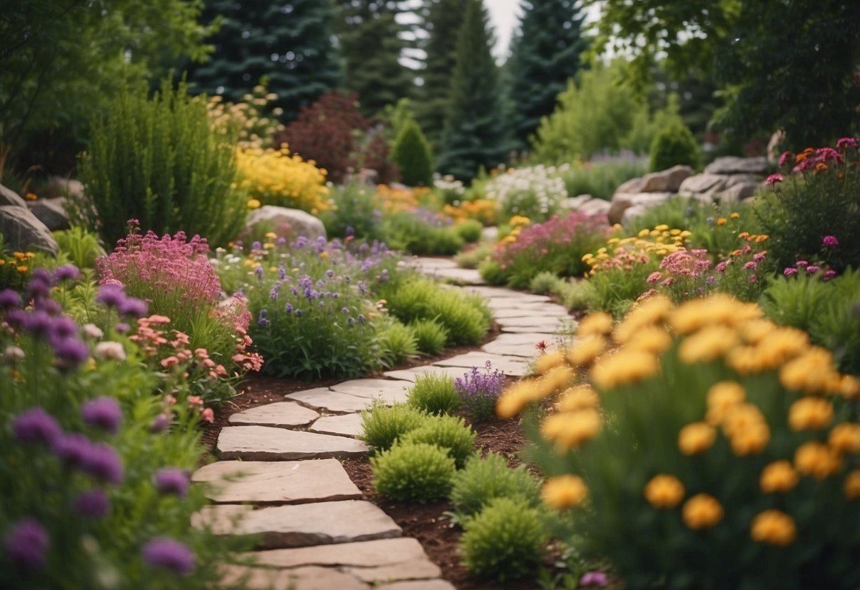 A winding garden path made of natural stone and surrounded by colorful flowers and lush greenery in a Wyoming backyard