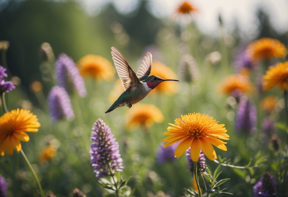 A colorful flower bed in a Wyoming garden attracts hummingbirds with bright blooms and tall, swaying grasses