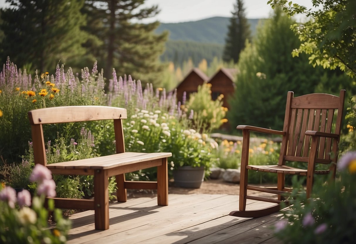 A wooden bench, a table with a vase of wildflowers, and a rocking chair surrounded by blooming flowers and greenery in a peaceful Wyoming garden