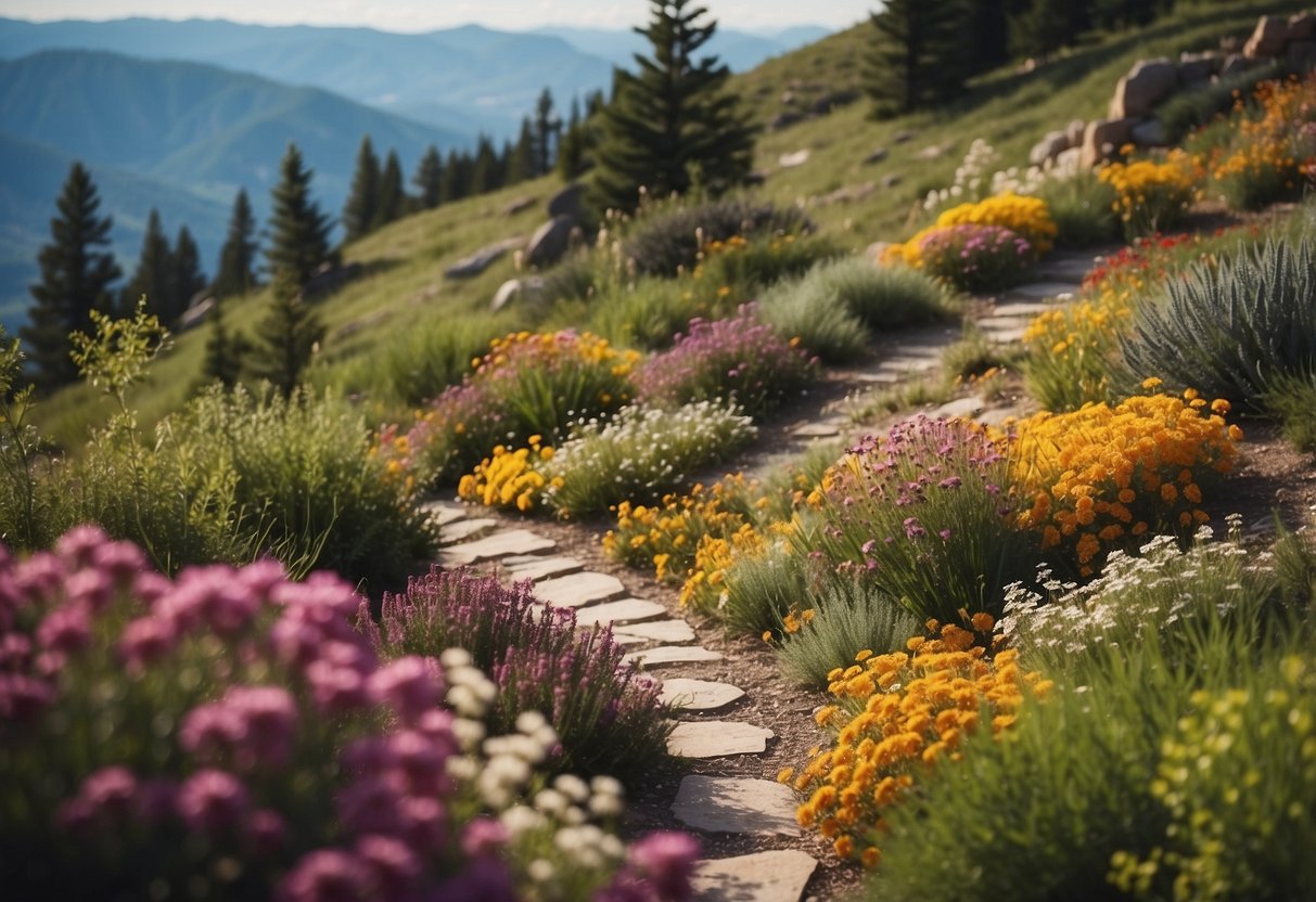 A terraced hillside garden with colorful flowers and winding pathways overlooking the Wyoming landscape