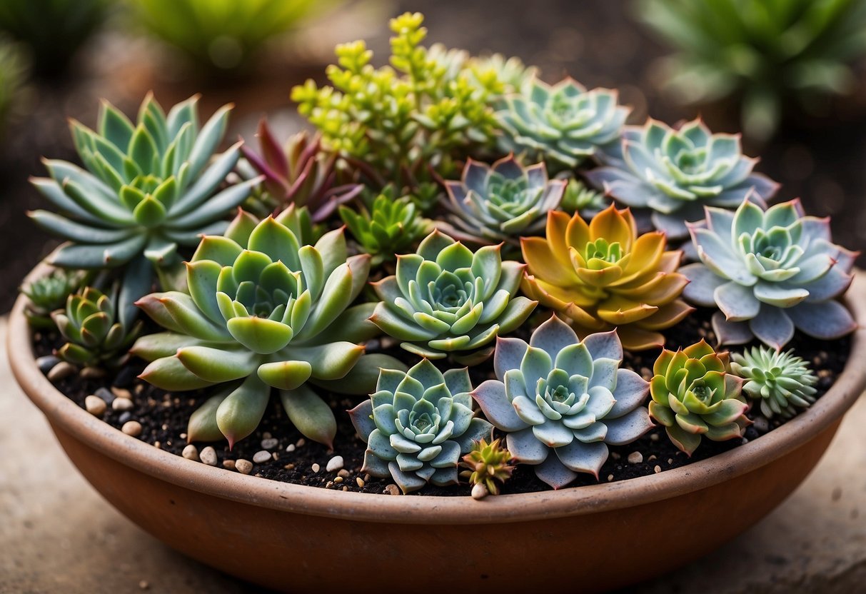 A variety of succulents arranged in a decorative container, nestled in a Wyoming garden. The plants are vibrant and varied, creating a visually appealing and low-maintenance garden feature