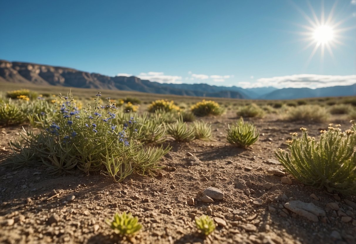 A sunny Wyoming landscape with native plants, dry soil, and a clear blue sky