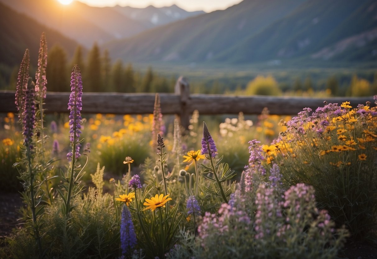 A colorful array of native flowers and plants bloom in a well-organized garden plot, surrounded by rustic wooden fencing and a backdrop of the majestic Wyoming landscape