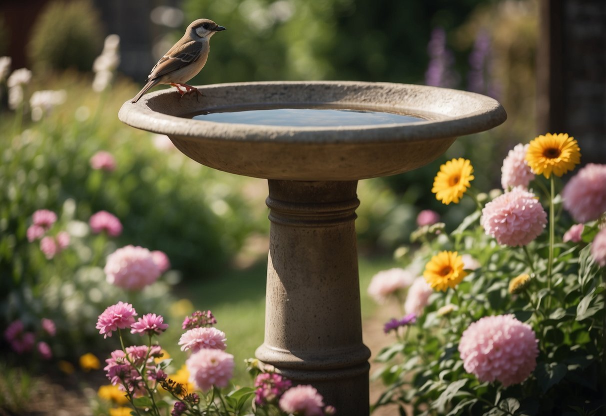 A rustic bird bath sits among blooming flowers in a quaint country garden