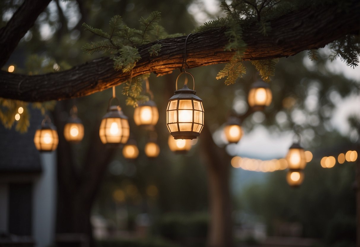 A rustic garden scene with vintage lanterns hanging from tree branches, casting a warm glow over a quaint outdoor space