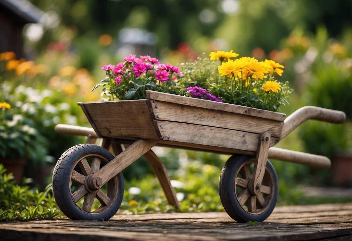 A wooden wheelbarrow planter sits in a rustic country garden, filled with colorful flowers and surrounded by lush greenery