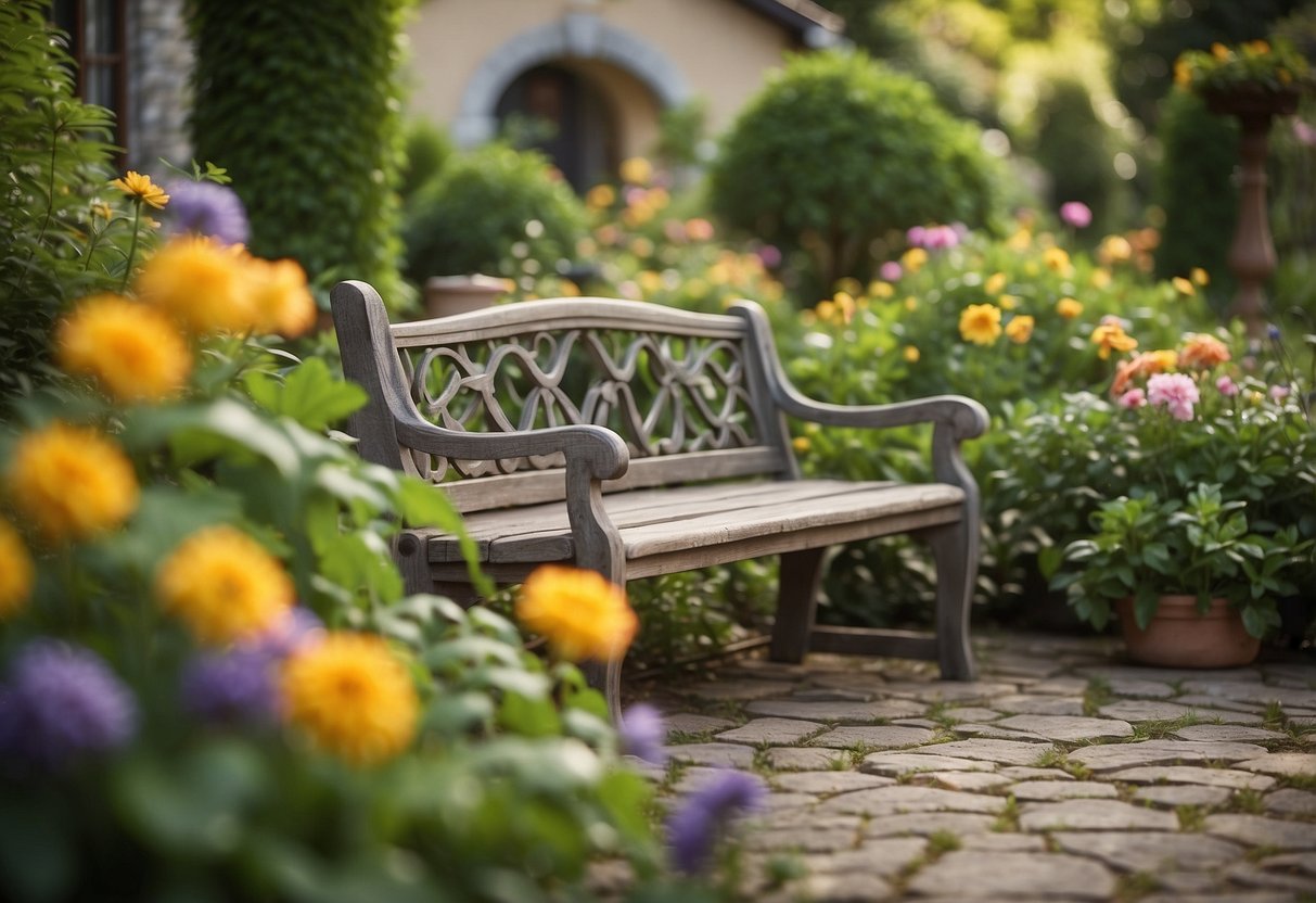 A stone garden bench sits among lush greenery, adorned with colorful flowers and surrounded by quaint country garden decorations