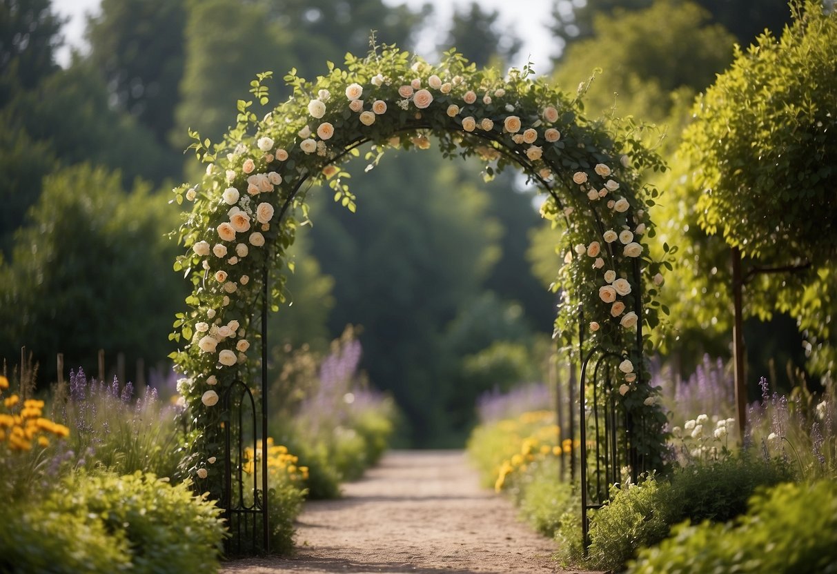 A rustic wrought iron garden arch stands adorned with climbing vines and flowers, adding charm to the country garden