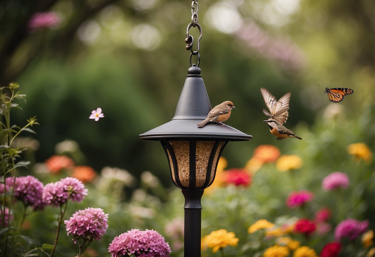 A Victorian bird feeder hangs from a rustic wooden post in a lush country garden, surrounded by colorful flowers and fluttering butterflies