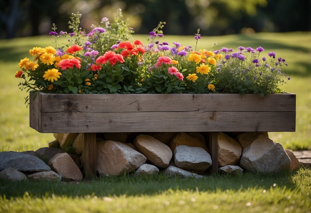 A rustic wooden planter box filled with colorful flowers and lush greenery, surrounded by a winding stone pathway and a quaint picket fence