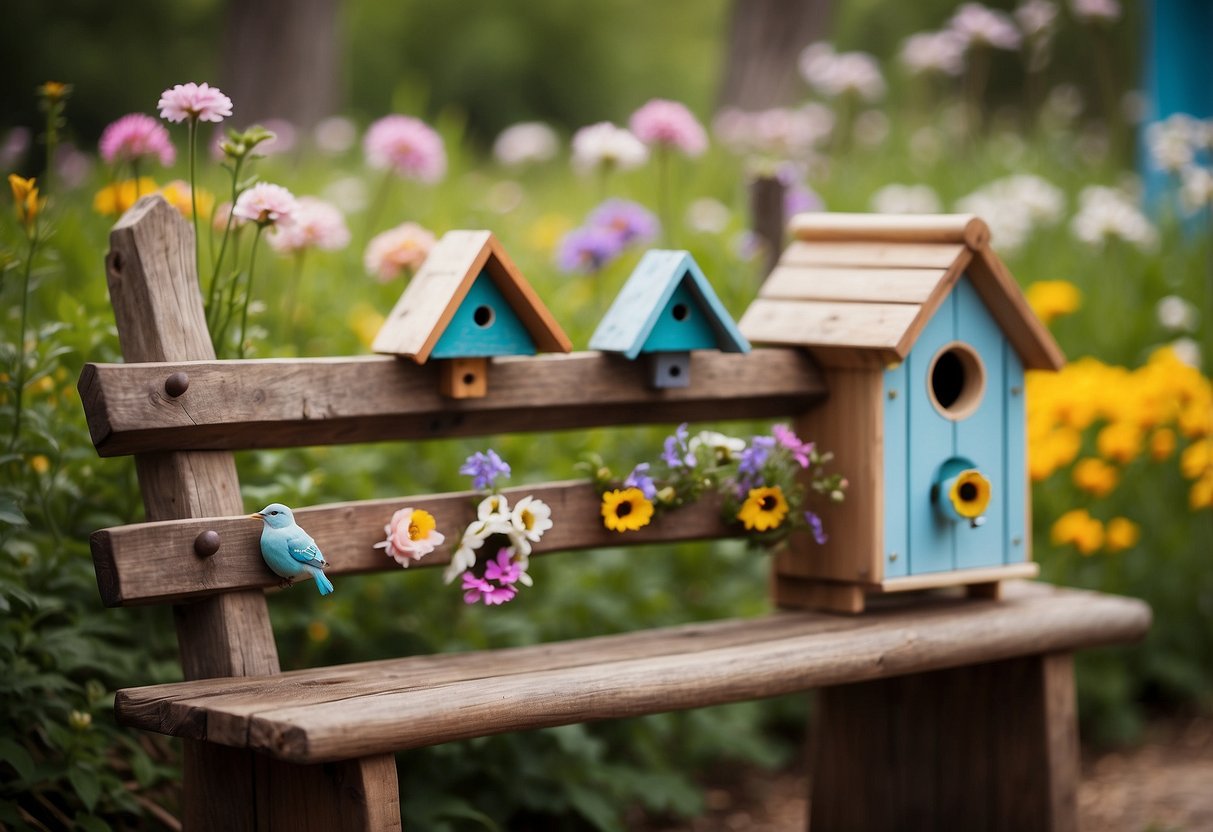 A quaint country garden adorned with rustic birdhouses, colorful wind chimes, and a charming wooden bench nestled among blooming flowers