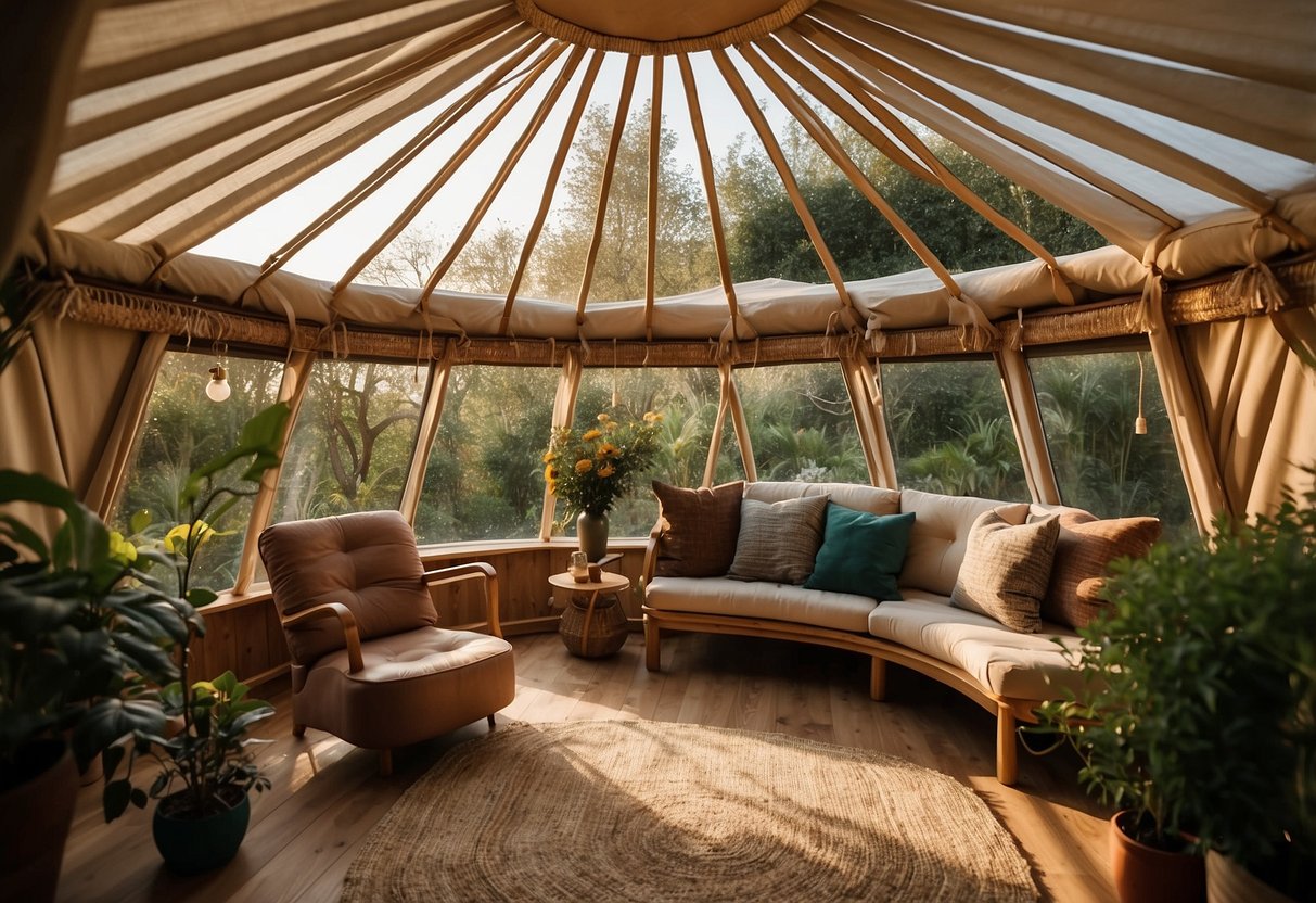 A garden yurt nestled among lush greenery, with a cozy reading nook inside. Warm light spills from the open doorway, inviting readers to escape into a world of books