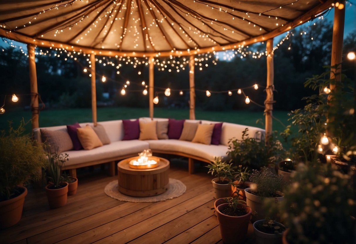 Colorful LED fairy lights wrap around a garden yurt, casting a warm glow on the surrounding plants and creating a magical atmosphere