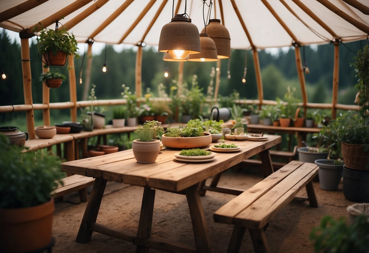 A cozy yurt with a small kitchen garden outside. Pots of herbs and vegetables, a rustic table, and hanging lights create a charming atmosphere