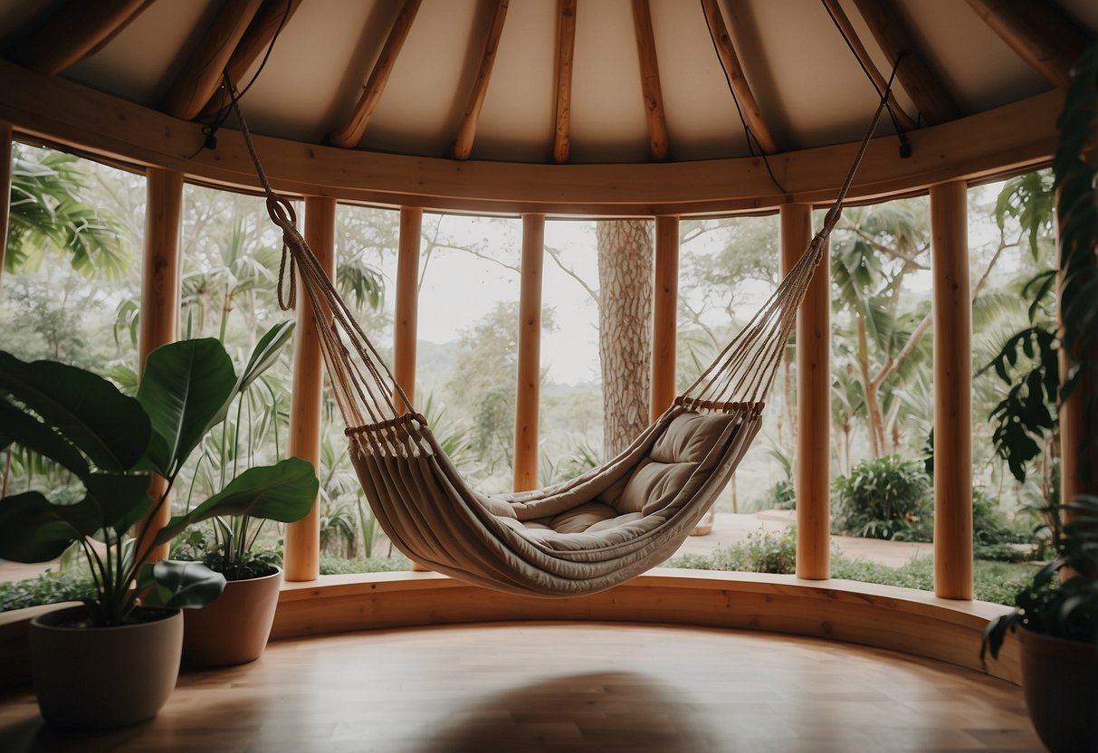 A sleek, modern hammock swing hangs inside a cozy garden yurt, surrounded by lush greenery and soft, ambient lighting