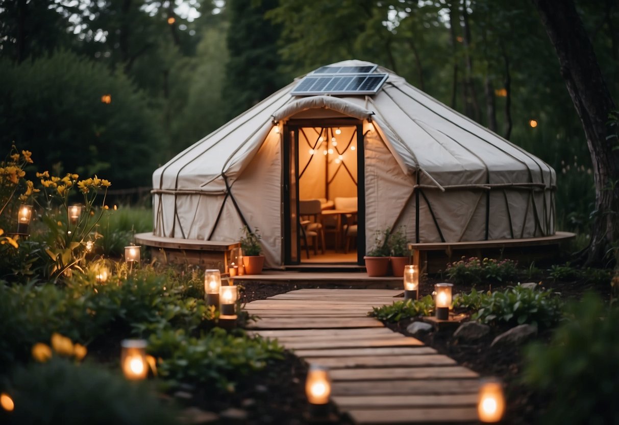 A garden yurt with solar-powered path lights illuminating the pathways around it