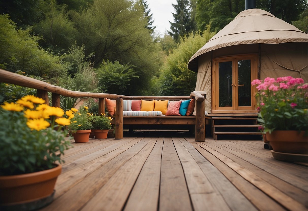 A rustic wooden deck surrounded by lush greenery and colorful flowers, with a cozy yurt nestled in the center