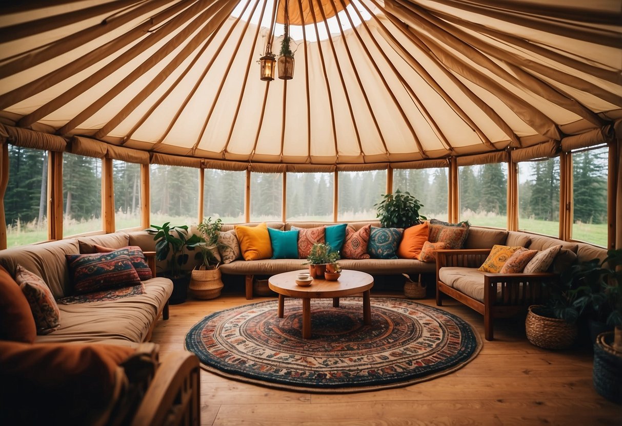 A cozy garden yurt filled with colorful bohemian rugs and cushions, creating a warm and inviting space for relaxation and gatherings