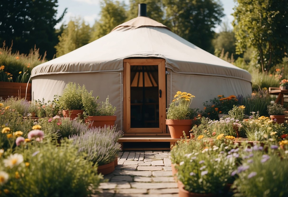 A cozy yurt surrounded by herb garden planters, with a variety of aromatic plants and colorful flowers