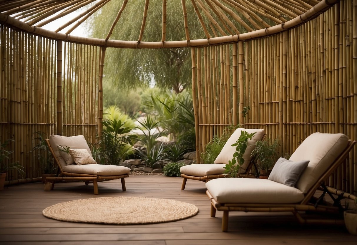 A bamboo privacy screen surrounds a cozy garden yurt, creating a tranquil and secluded space for relaxation and meditation