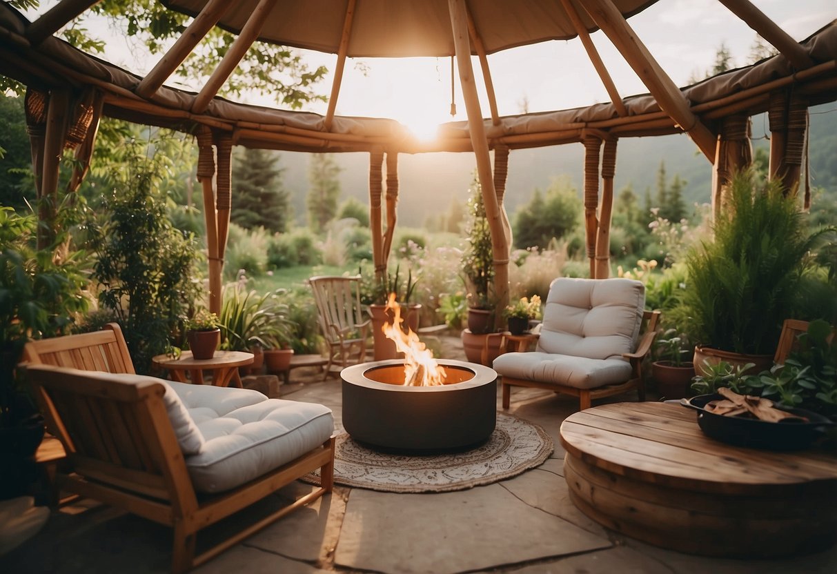 A cozy garden yurt with an eco-friendly fire pit surrounded by lush greenery and sustainable materials