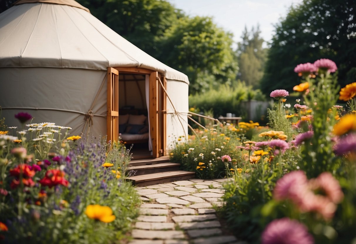 A circular garden yurt surrounded by colorful flowers and herbs, with a pathway leading to the entrance and a small table and chairs set up outside