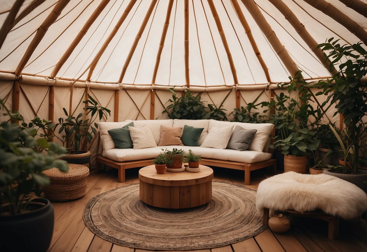 A cozy interior garden yurt with hanging plants, soft cushions, and warm lighting